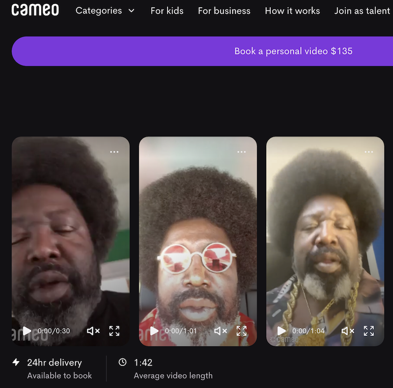 A screenshot of rapper Afroman on Cameo