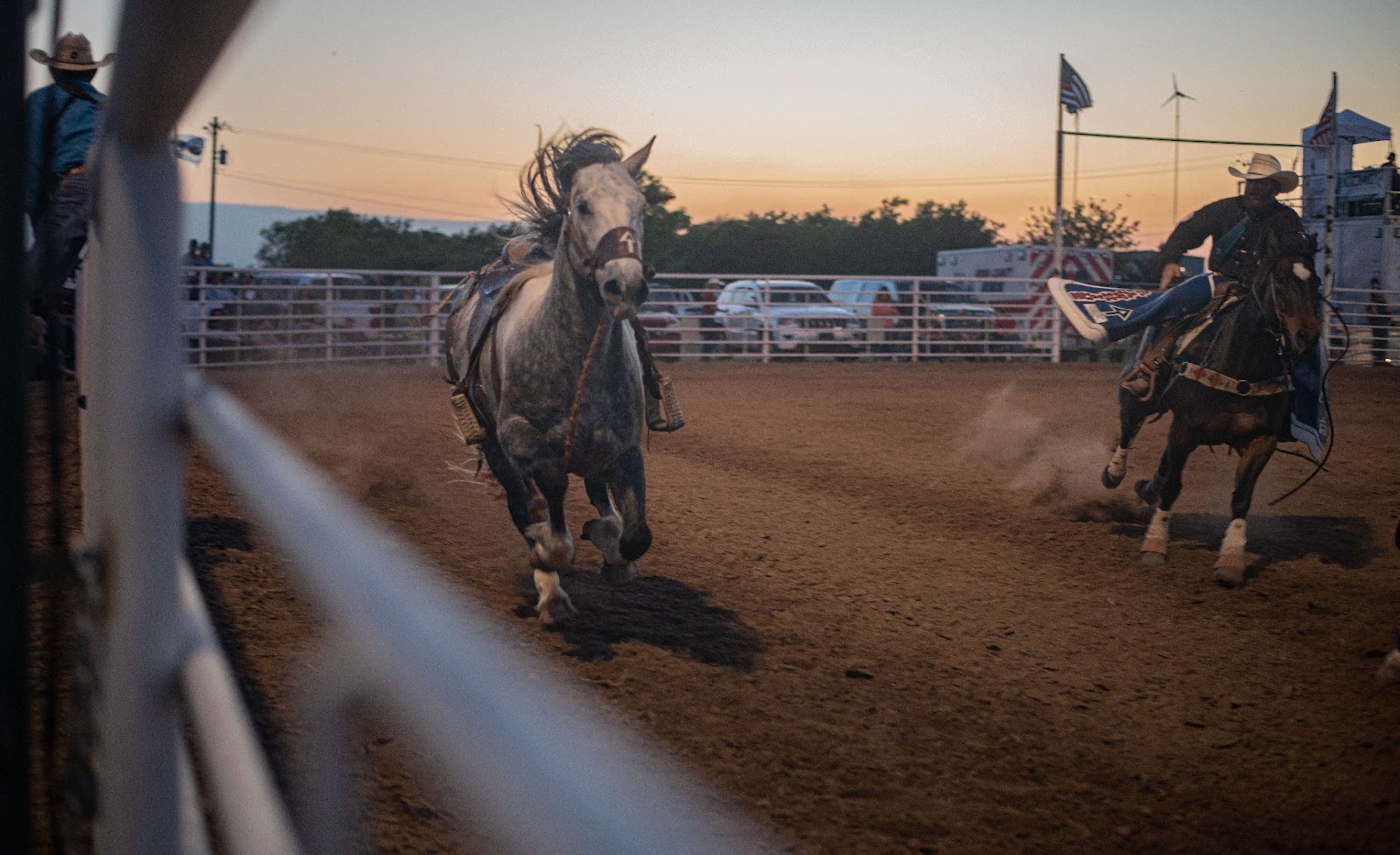 Photo of a cowboy on horseback attempting to capture a horse 