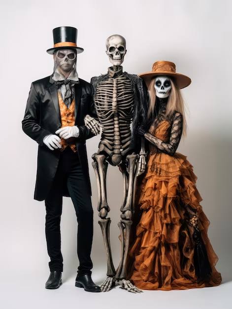 A Couple in Halloween Costumes Posing With a Skeleton