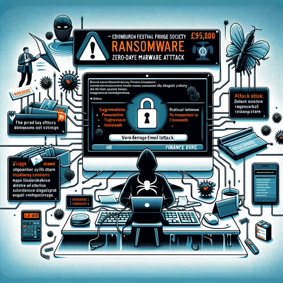 A digital artwork featuring a central figure in a hoodie at a computer, with various cybersecurity and hacking-related icons and infographics, including ransomware and email threats.