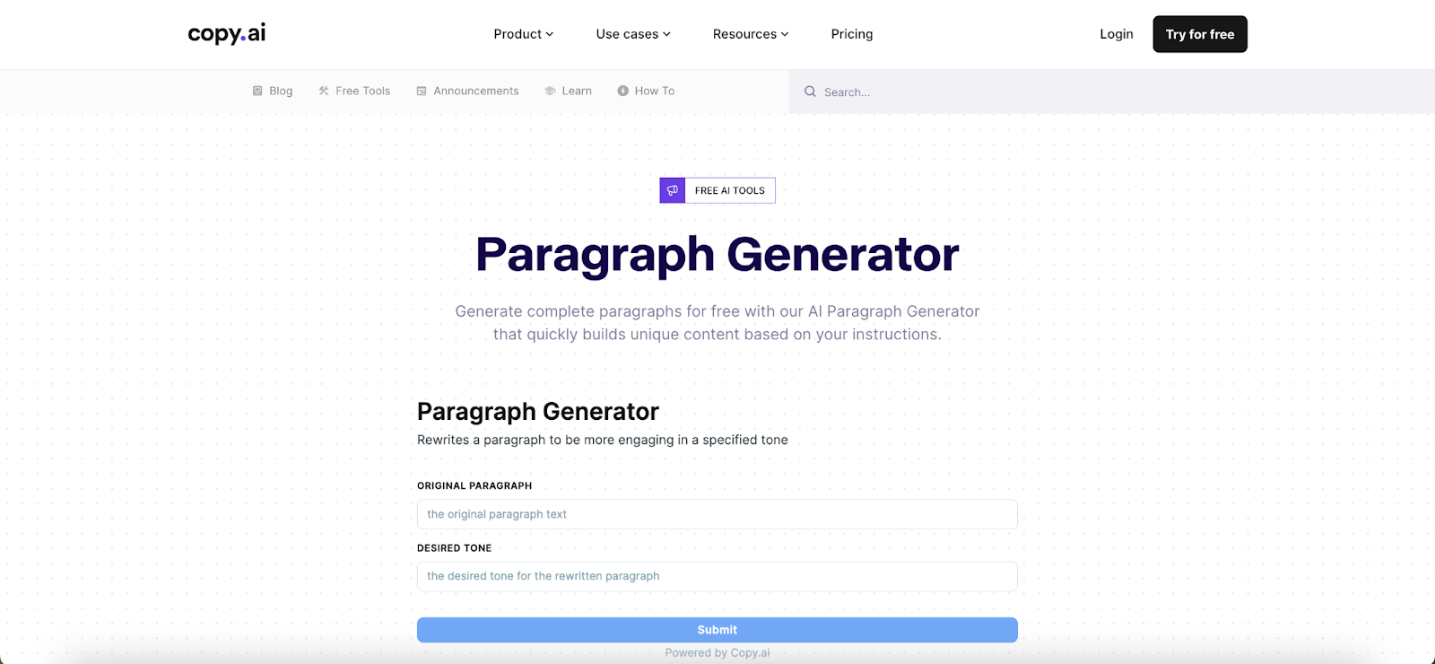 AI paragraph generator tools - Copy.ai Paragraph Generator