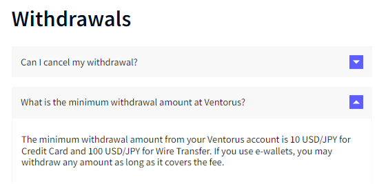 List of minimum withdrawal amounts for various payment methods on Ventorus.