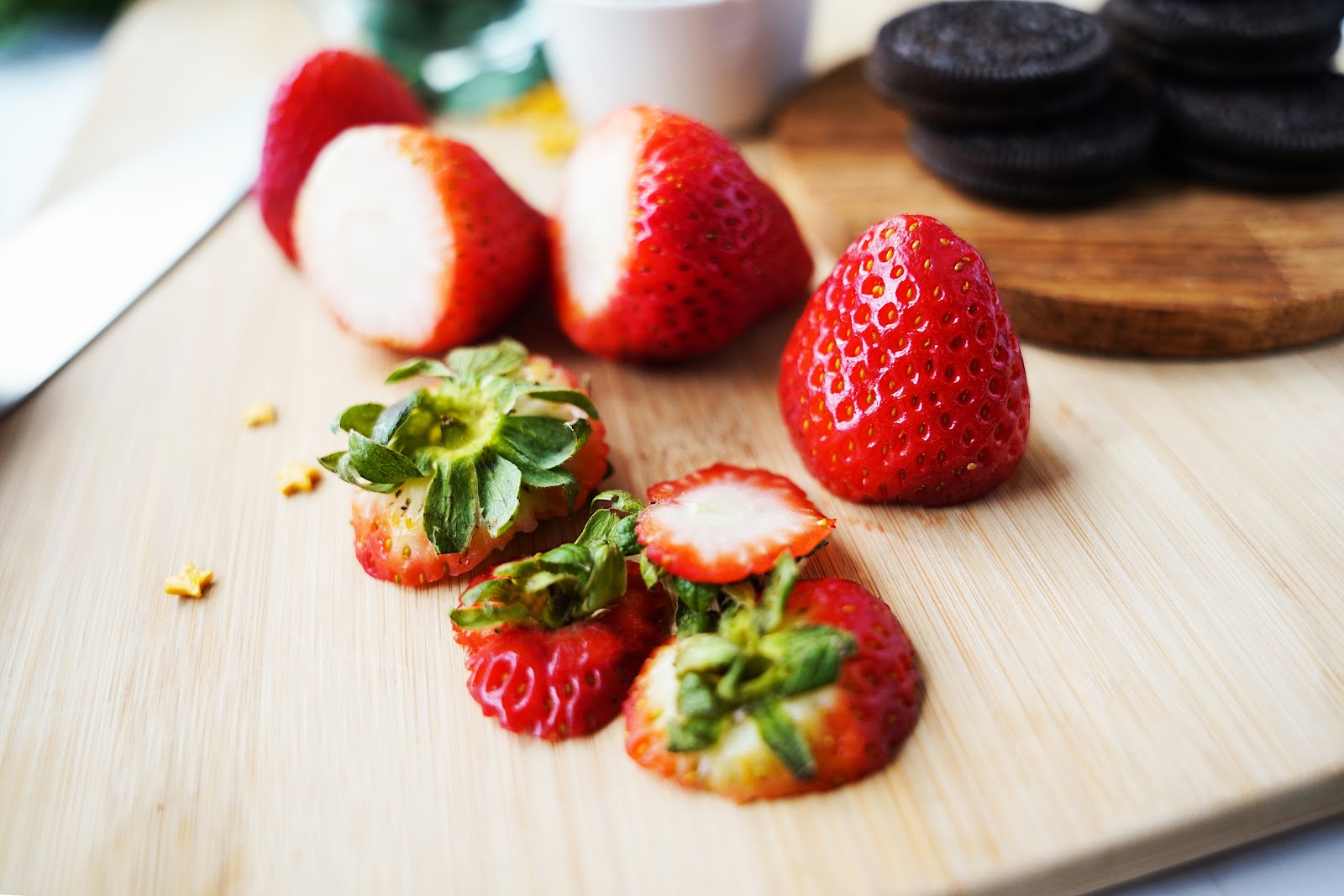 Cut off the strawberry stems.