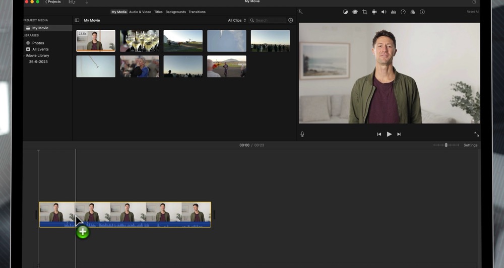 A demo of dragging a video footage from My Media section to the Editing Timeline in iMovie