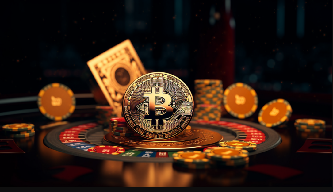 Kryptovaluta bitcoin-mynter med kasinobrikker og kort 