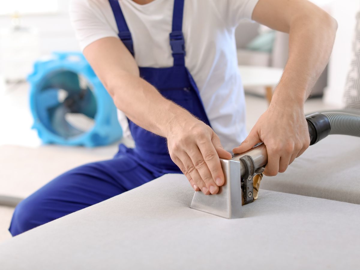 Professional steam cleaning a couch to remove stain