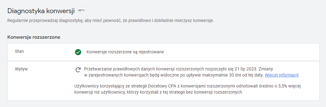 Diagnostyka konwersji rozszerzonych w Google Ads