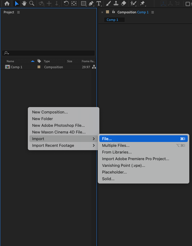 After Effects import menu