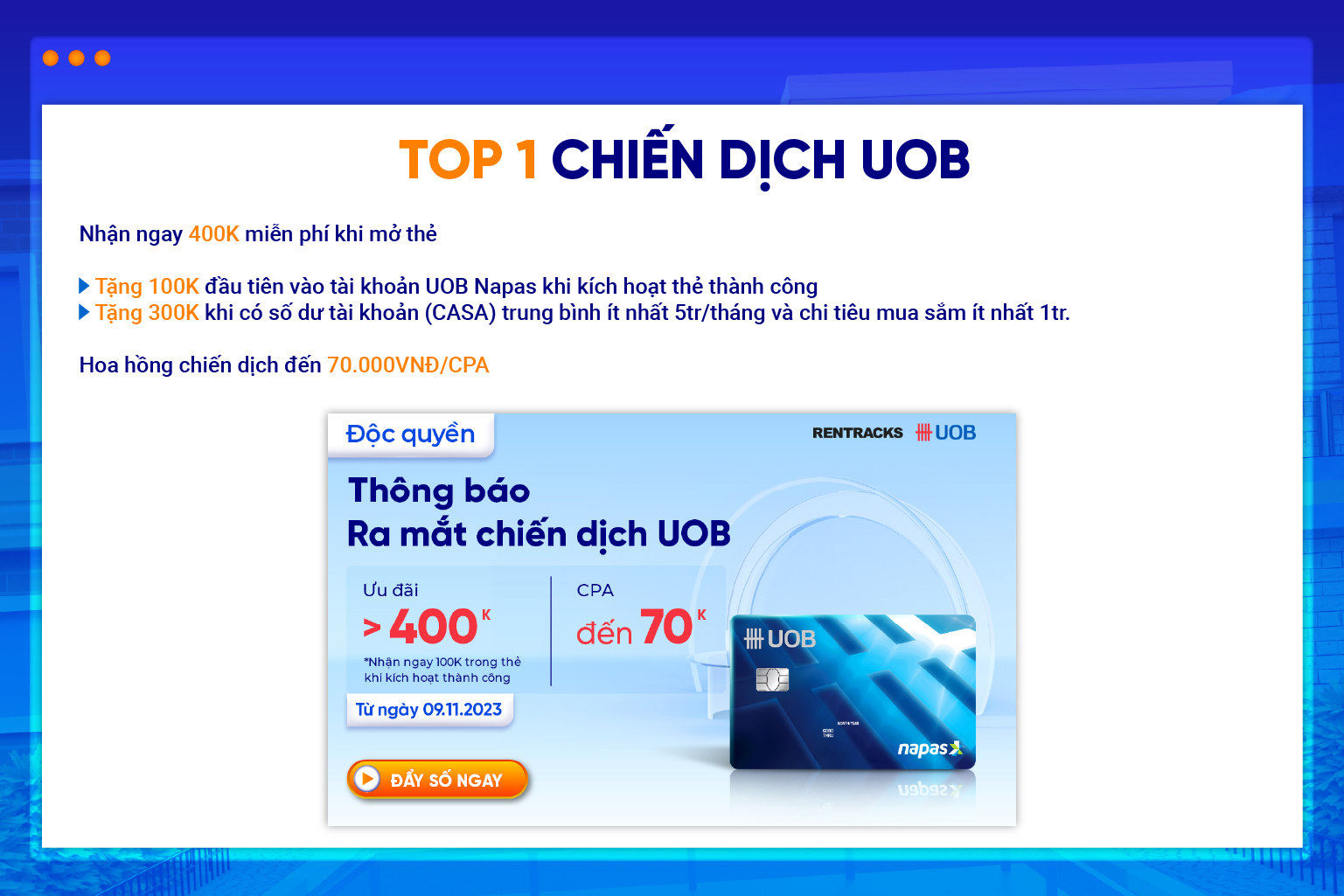 Chiến dịch affiliate với UOB Bank ưu đãi khách hàng mở thẻ lên đến 400.000 VND và mức hoa hồng siêu khủng