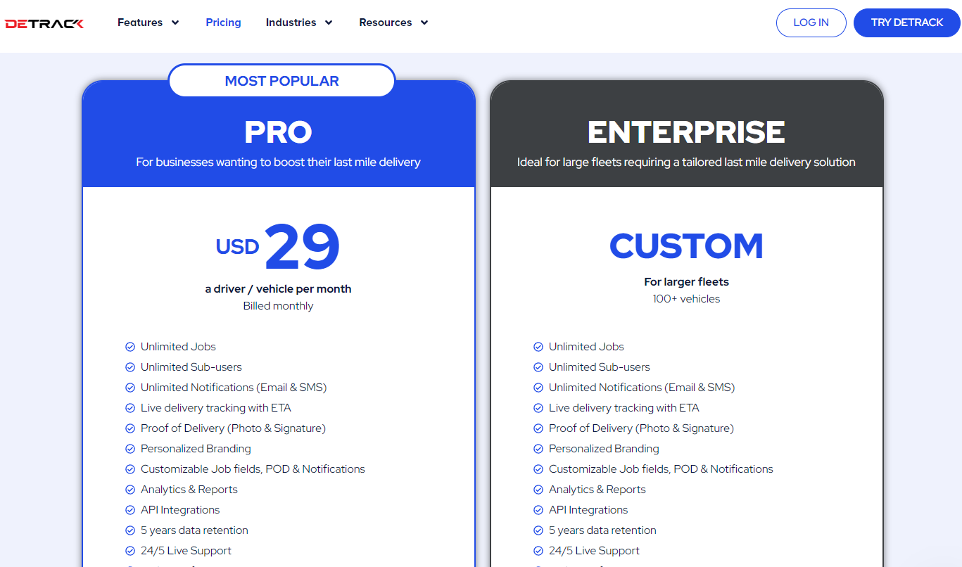 Pricing Plans for Detrack