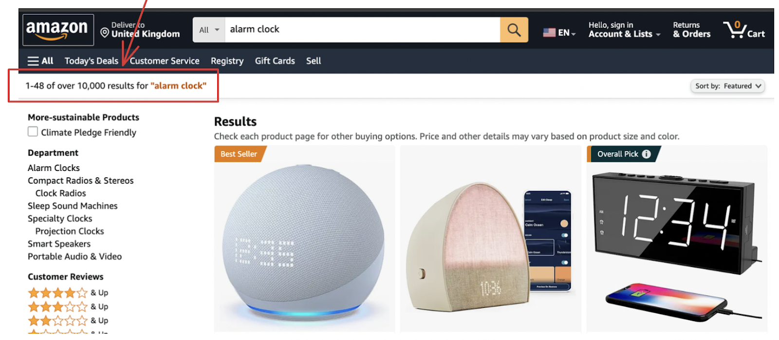 Amazon search results for alarm clock 