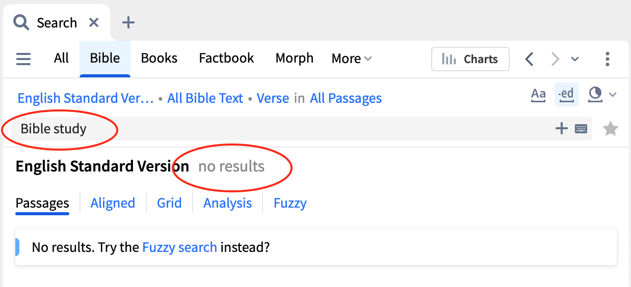 A screenshot of a search for Bible study in the Logos Bible study app yielding no results. 