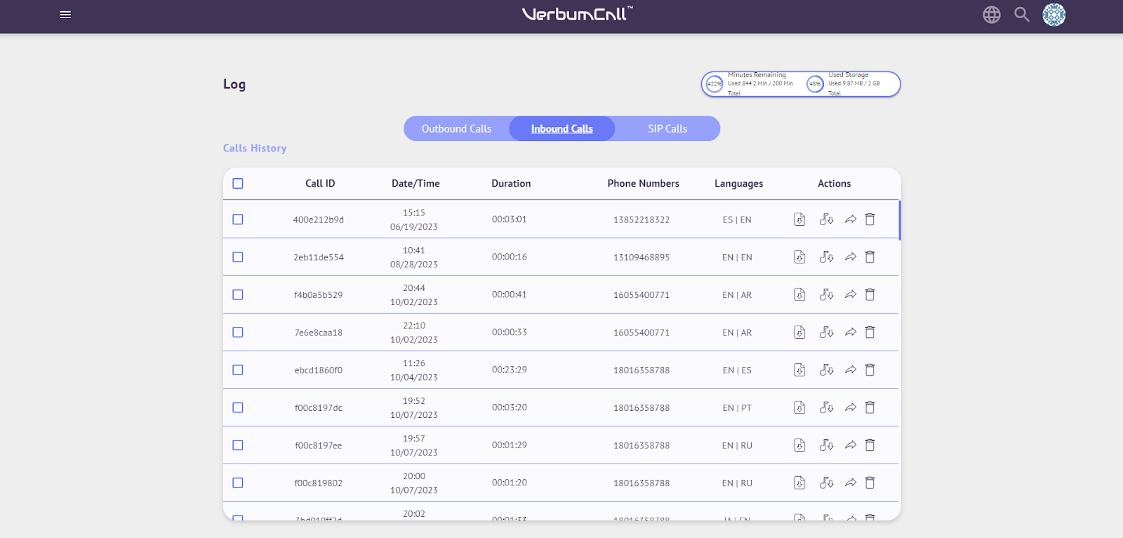 VerbumCall Admin Log Section