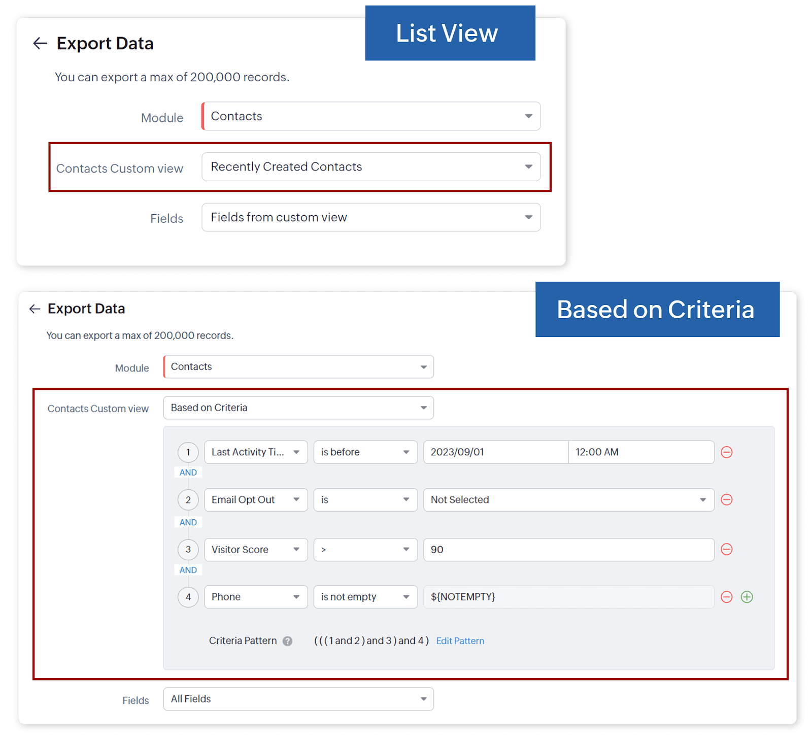 selecting the custom-view options for exporting contacts from Zoho CRM