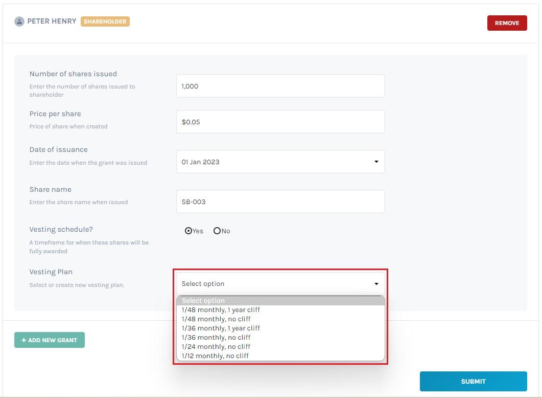 select vesting plan 