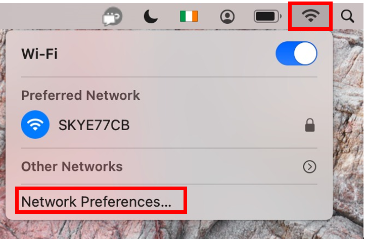 Screenshot Wi-Fi icon and network preferences on mac