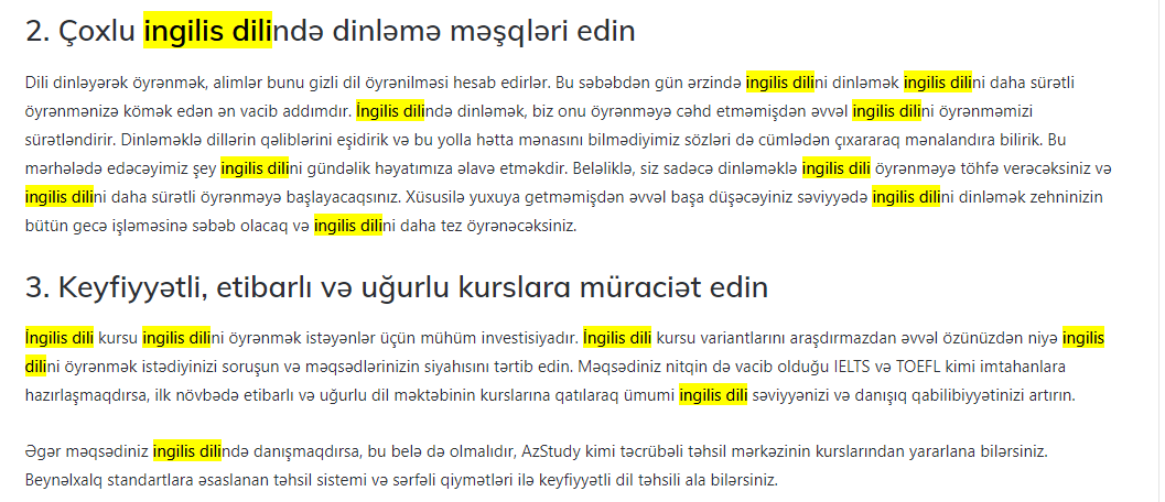 Bir bloqda "ingilis dili" sözünün həddən artıq istifadəsi ilə stuffing və SEO səhvi edildiyini göstərən nümunə ekran şəkli