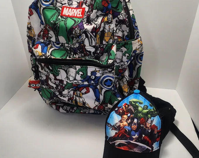 A bag with the Marvel logo along with several superheroes in the comic book style