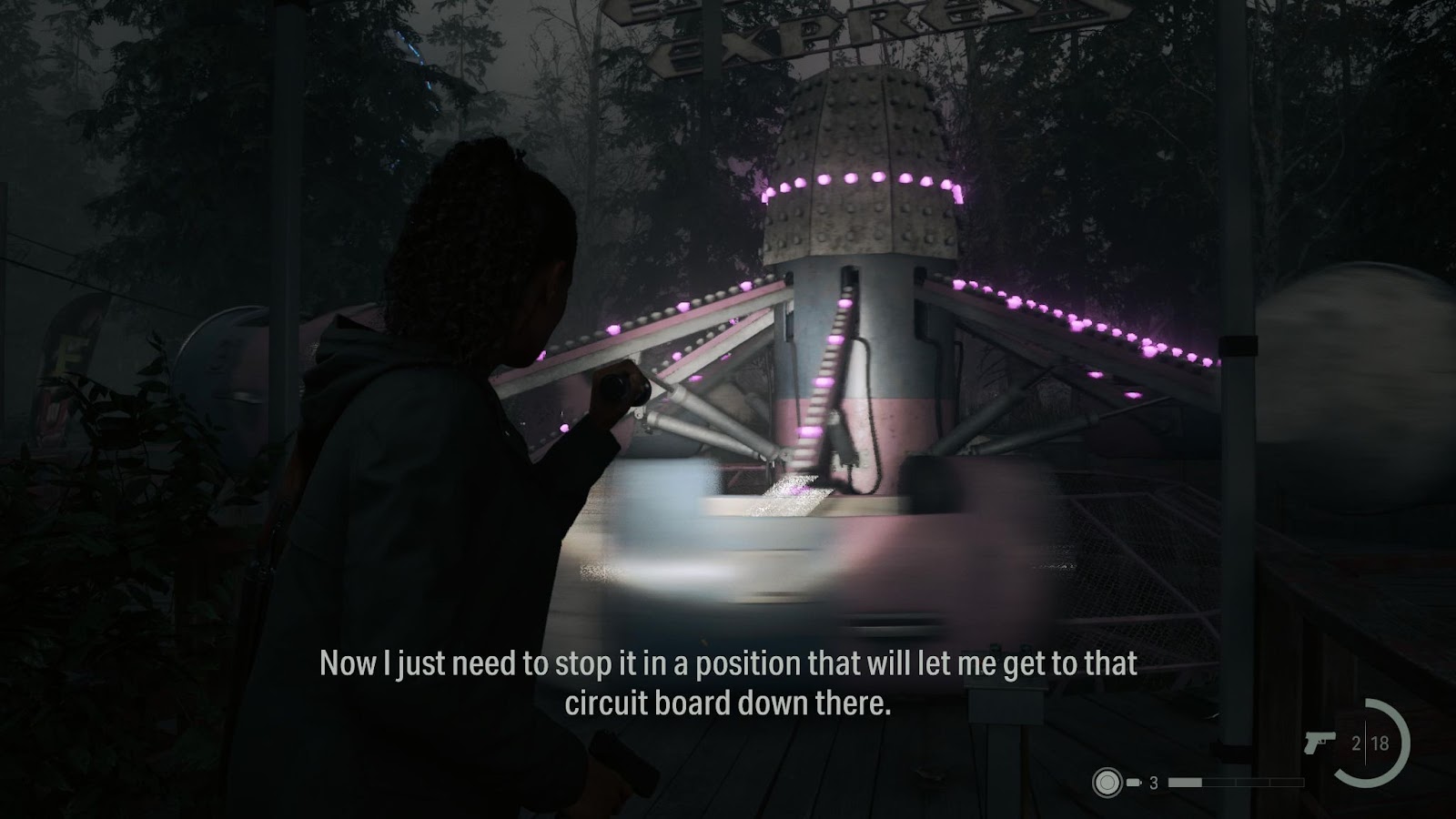 An in game screenshot of the Espresso Express ride from Alan Wake II. 