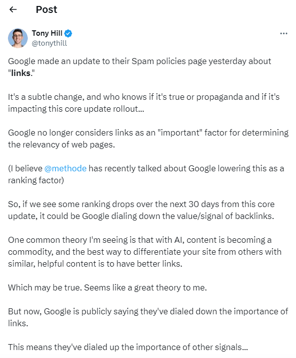 Tweet van Tony Hill over de spam policy van Google