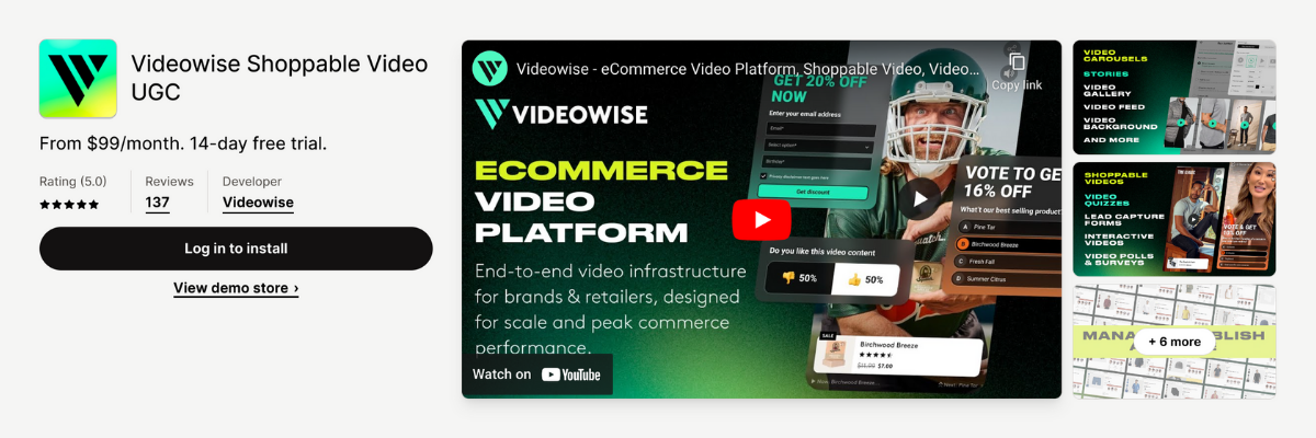 shopify app store listing page of Videowise Shoppable Video UGC