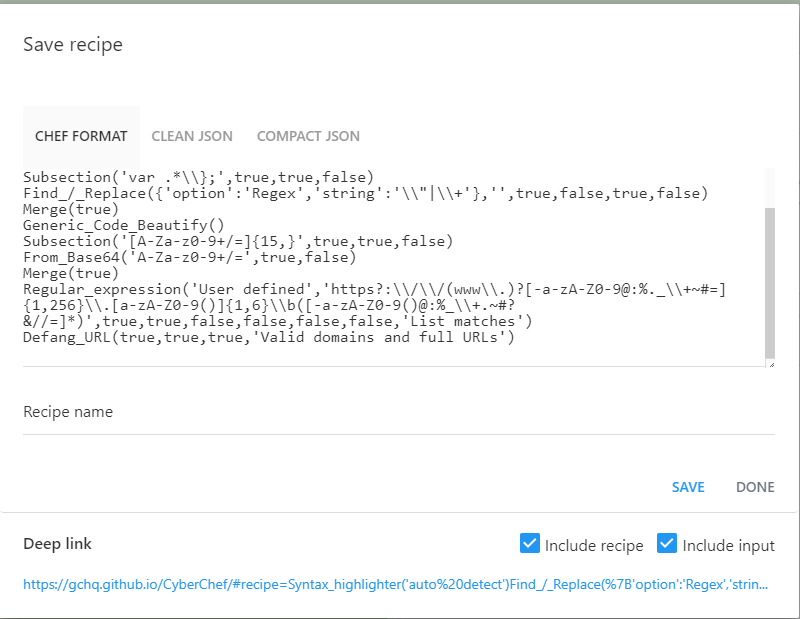 Users can save recipes in JSON or Chef format.