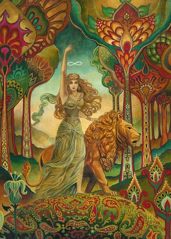 This depiction showcases Eir amidst a lush natural setting, enveloped by towering trees and accompanied by a majestic lion. 