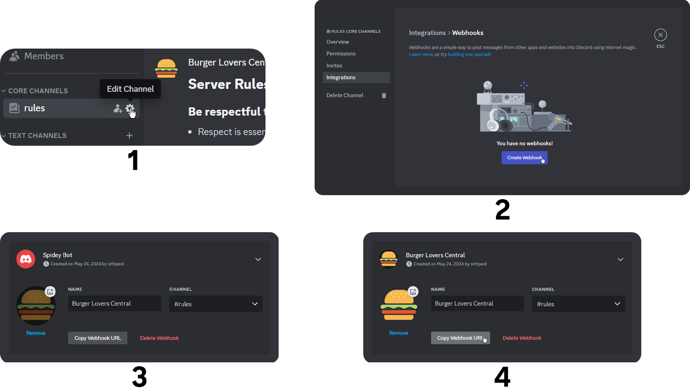 Steps of creating a webhook on Discord