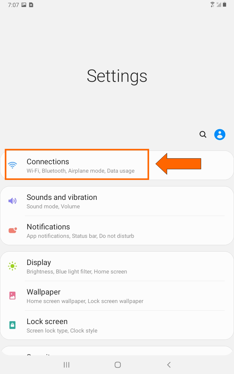 Android Settings menu with Connections highlighted.