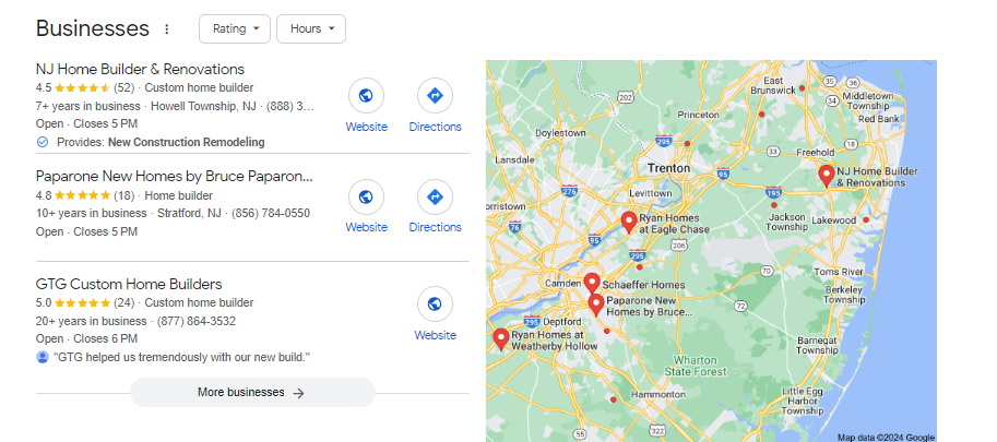 Google local map pack results showing results for local home builders in New Jersery