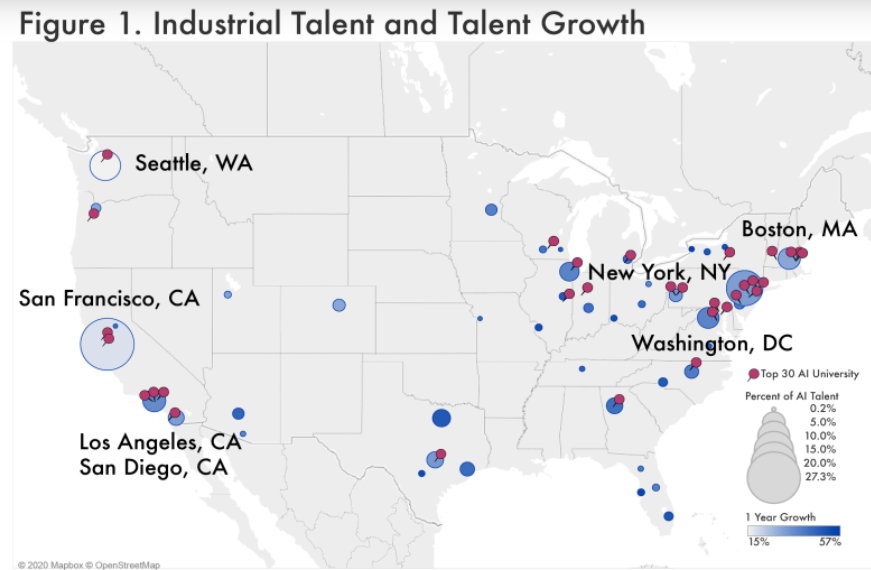 Artificial Intelligence Jobs in USA - ALl the AI hubs described in detail with breakdown of the number of AI jobs area wise