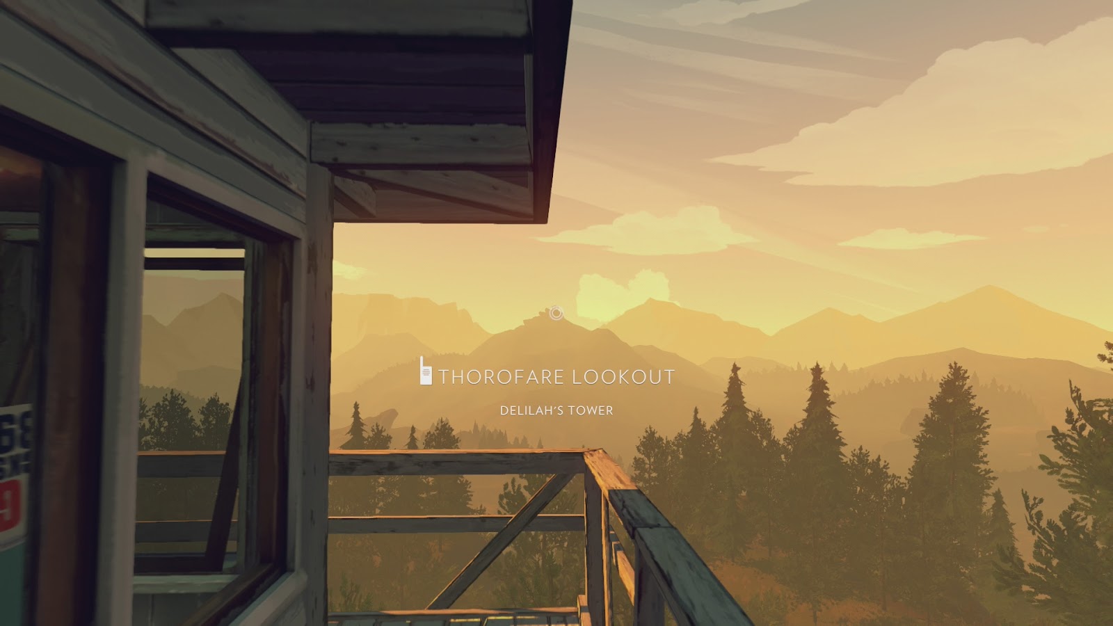 An in game screenshot of the view from the top of Thorofare Lookout in Firewatch.