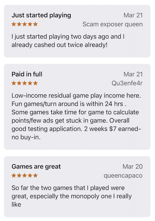 Three 5-star Test'em All reviews from users happy with the games.
