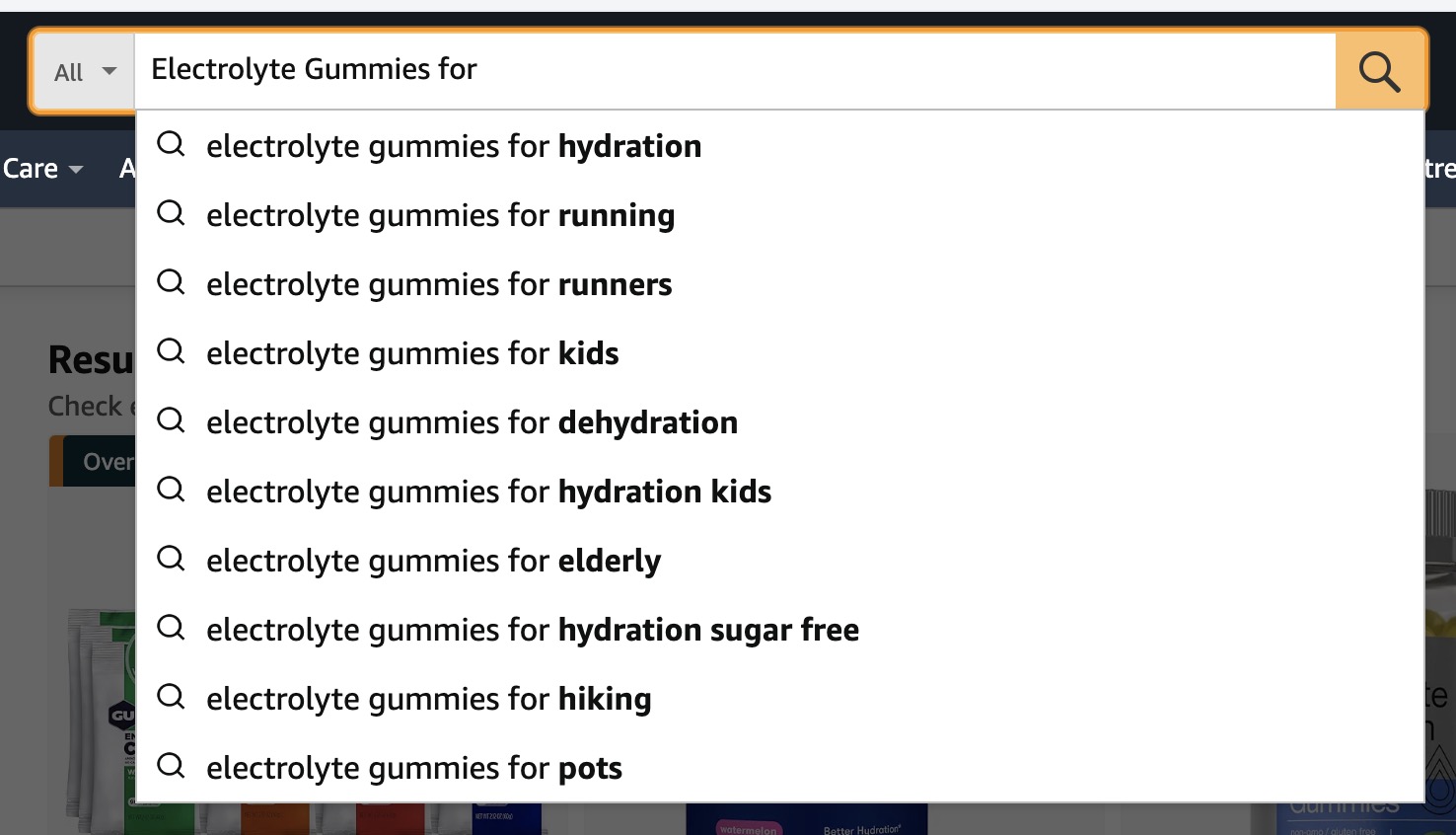 Autocomplete search for electrolyte gummies on amazonn