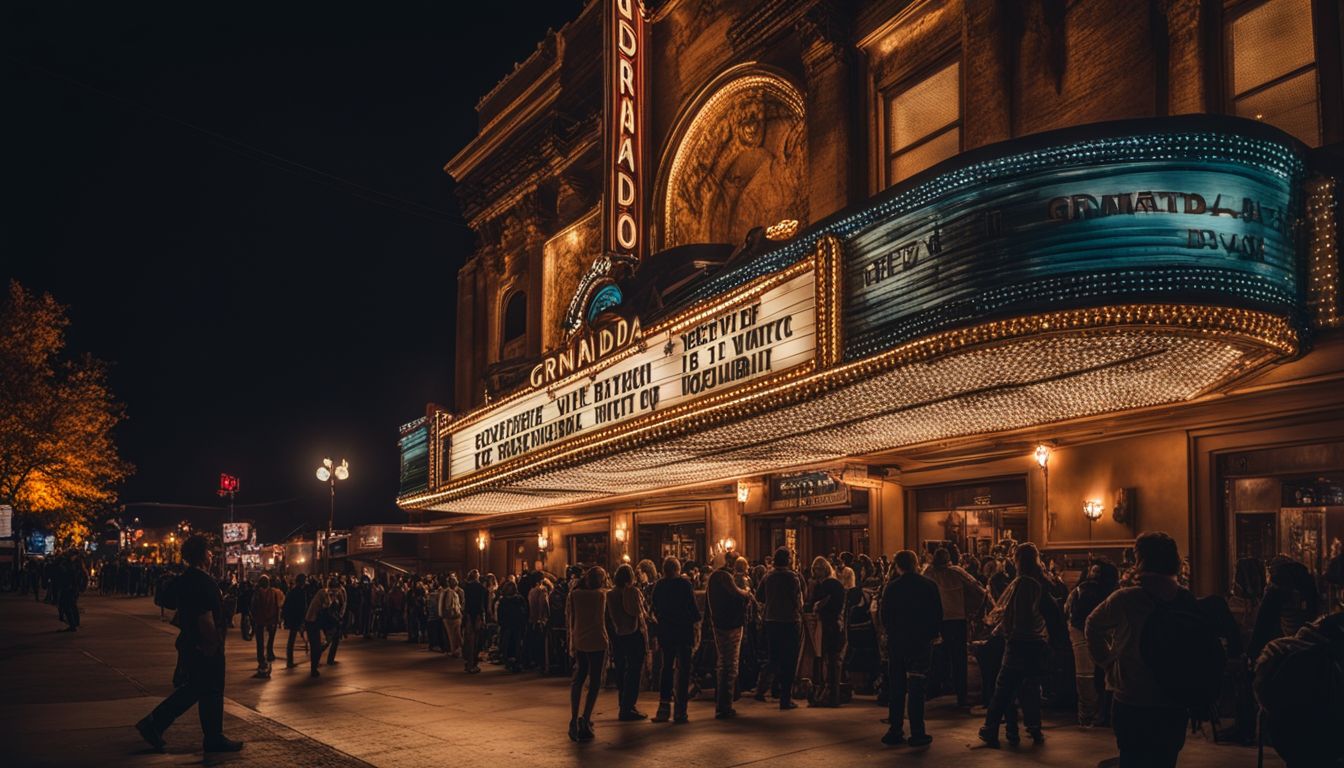 A bustling crowd gathers outside The Granada Theater at night.