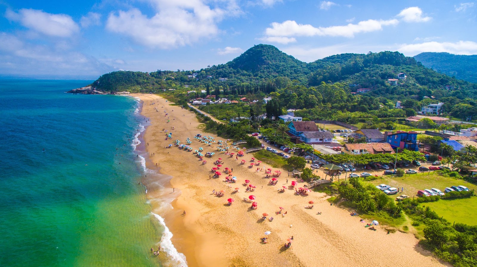 Vista aérea da Praia do Estaleirinho, em Balneário Camboriú. A areia dourada está ocupada por alguns guarda-sóis coloridos e é banhada pelas águas esverdeadas do mar. Depois dela, aparecem algumas casas, grandes trechos de mata nativa preservada e montanhas verdes