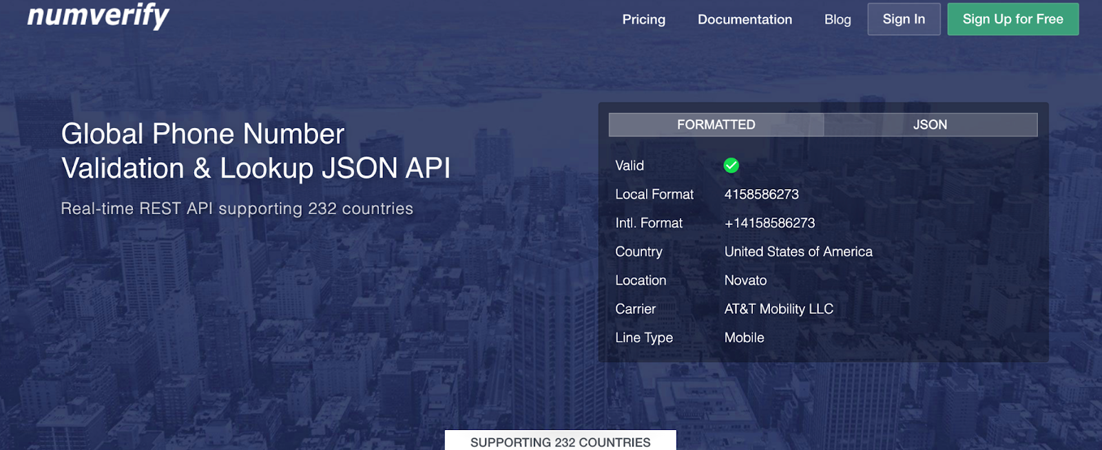 home page of the ipstack phone validation service