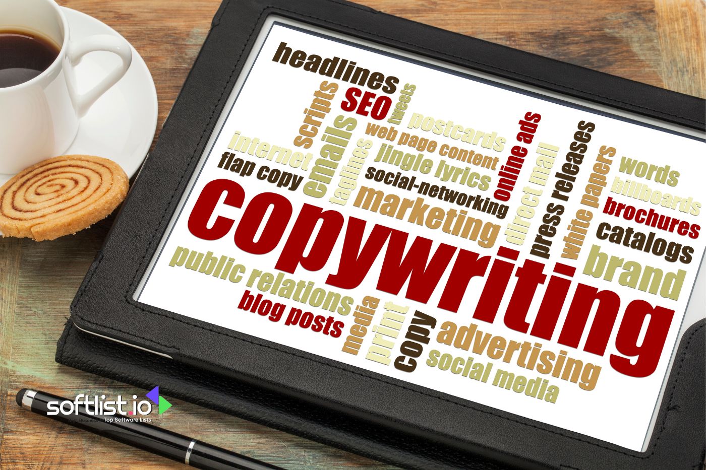 Tablet displaying word cloud about copywriting