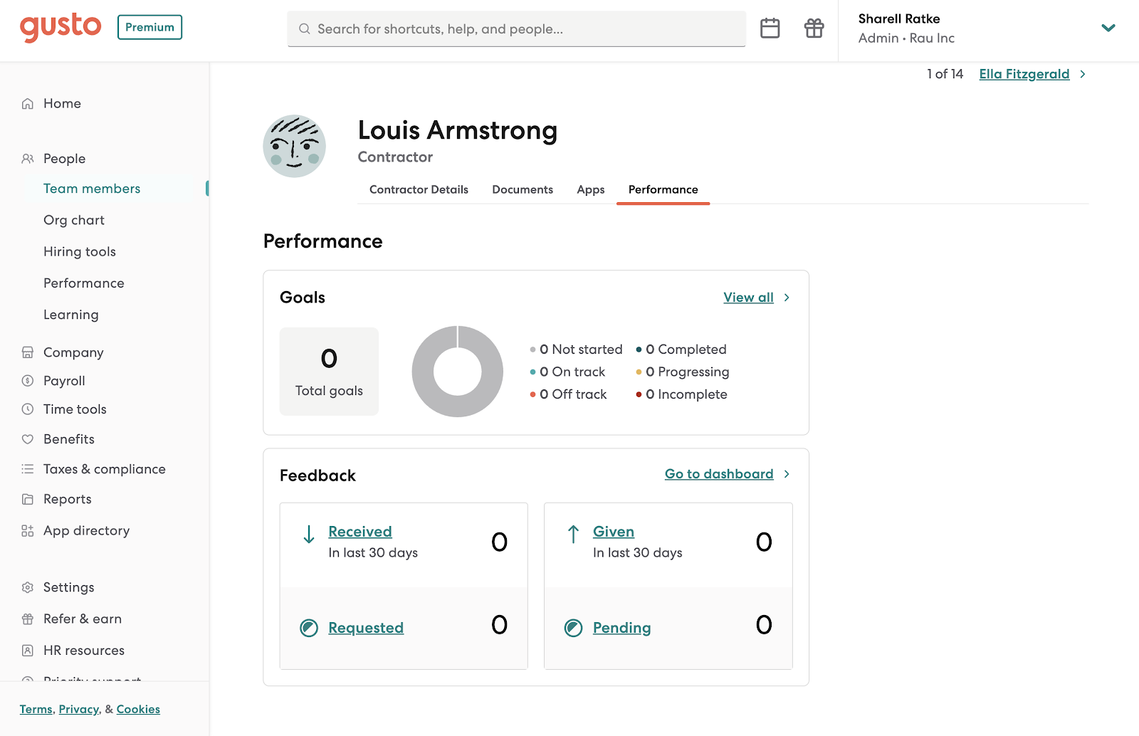 Gusto displays performance metrics in a contractor’s online profile, including a circle graph of goal progress and the amount of feedback received, given, requested, and pending.