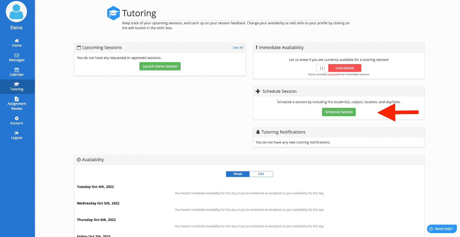 Screenshot of the tutoring dashboard that shows where a tutor can schedule a session