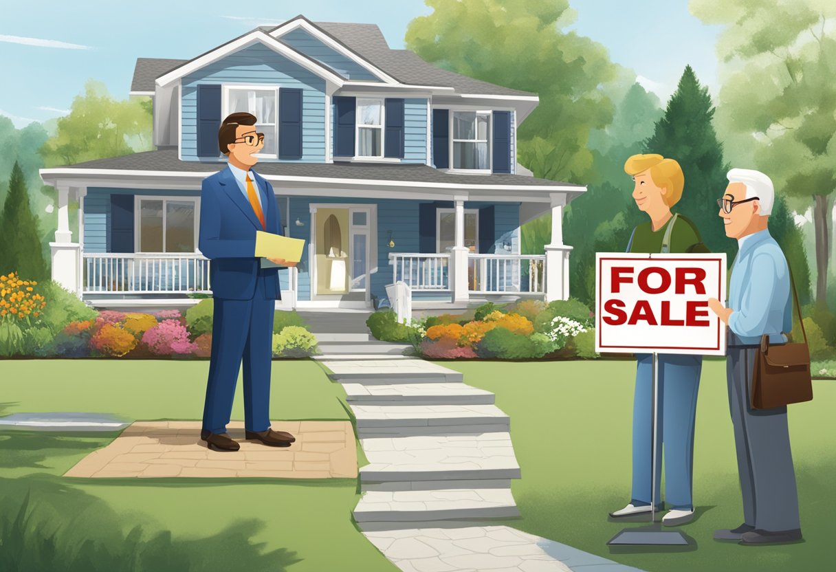 A "For Sale" sign stands in front of a well-maintained home. A cash offer letter sits on the table, while a real estate agent discusses the process with the homeowner