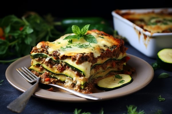 A slice of eggplant lasagna served on a brown plate with a knife and fork, while the full eggplant lasagna rests on a baking dish in the background
