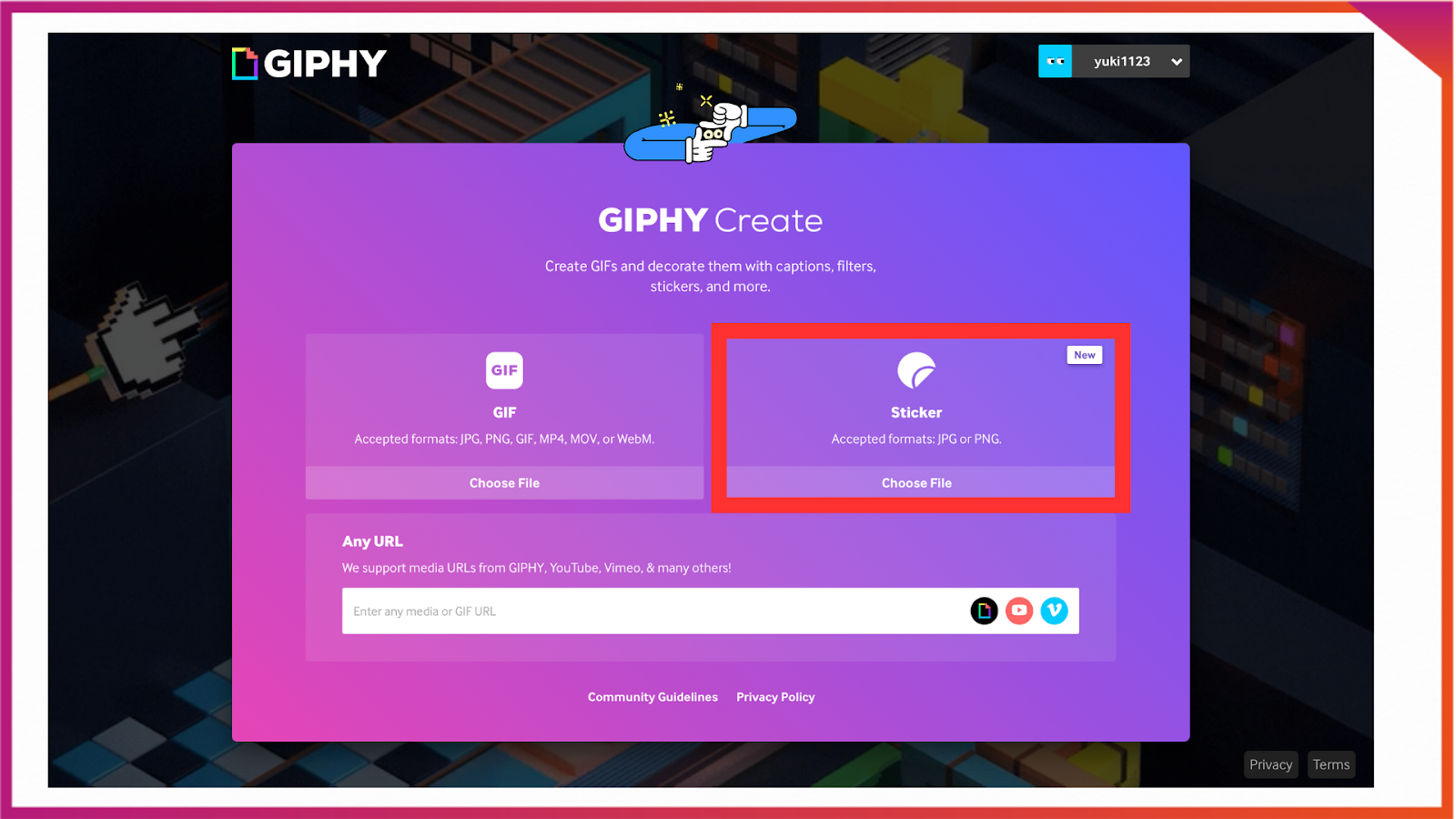 インスタで使用するオリジナルGIFスタンプをGIFTYで作る方法。「Sticker」を選択し、GIFにしたい画像を選ぶ。