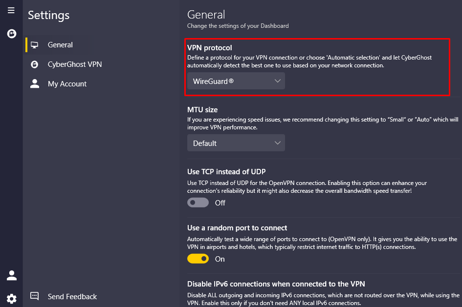 Image of the CyberGhost VPN's interface where you can choose your preferred VPN protocol. 