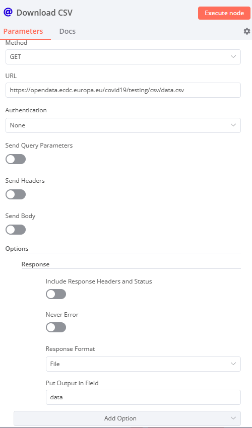 Since the HTTP Request attempts to download a file, the Response Format option is assigned manually