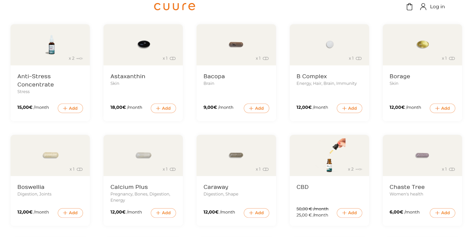 A screenshot of Cuure's supplement marketplace