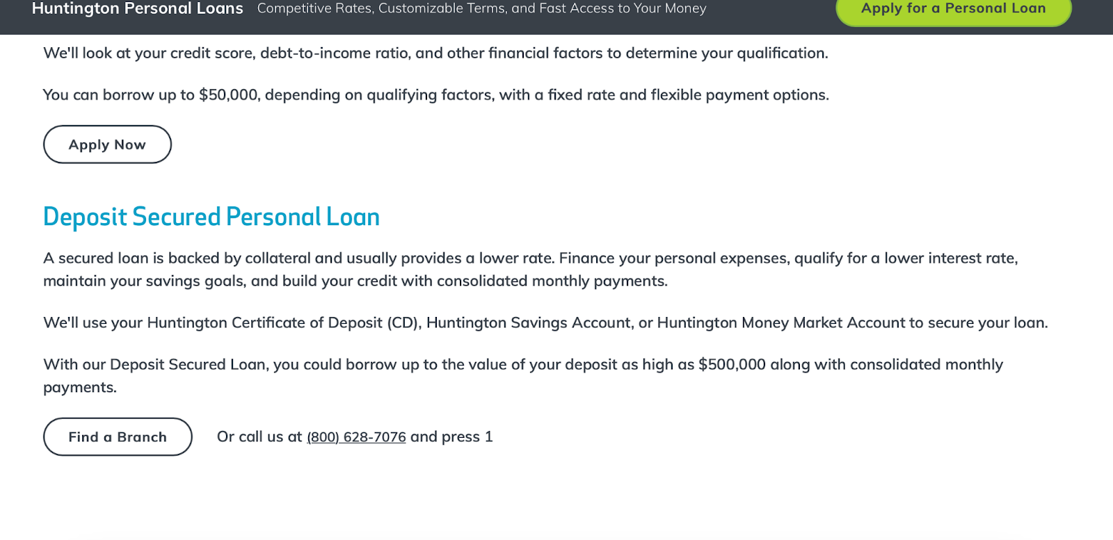 Screenshot of Huntington Secured Personal Loan application