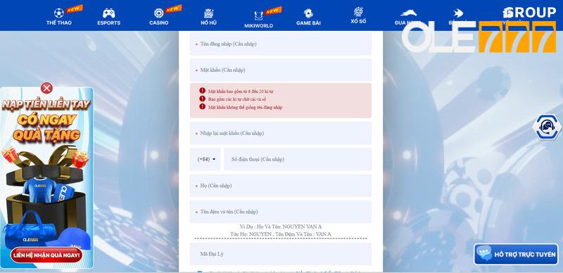 Thông tin mở tài khoản hội viên cần điền tại OLE777