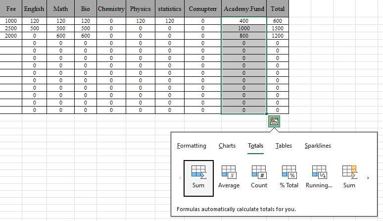 some option quick analysis tool excel