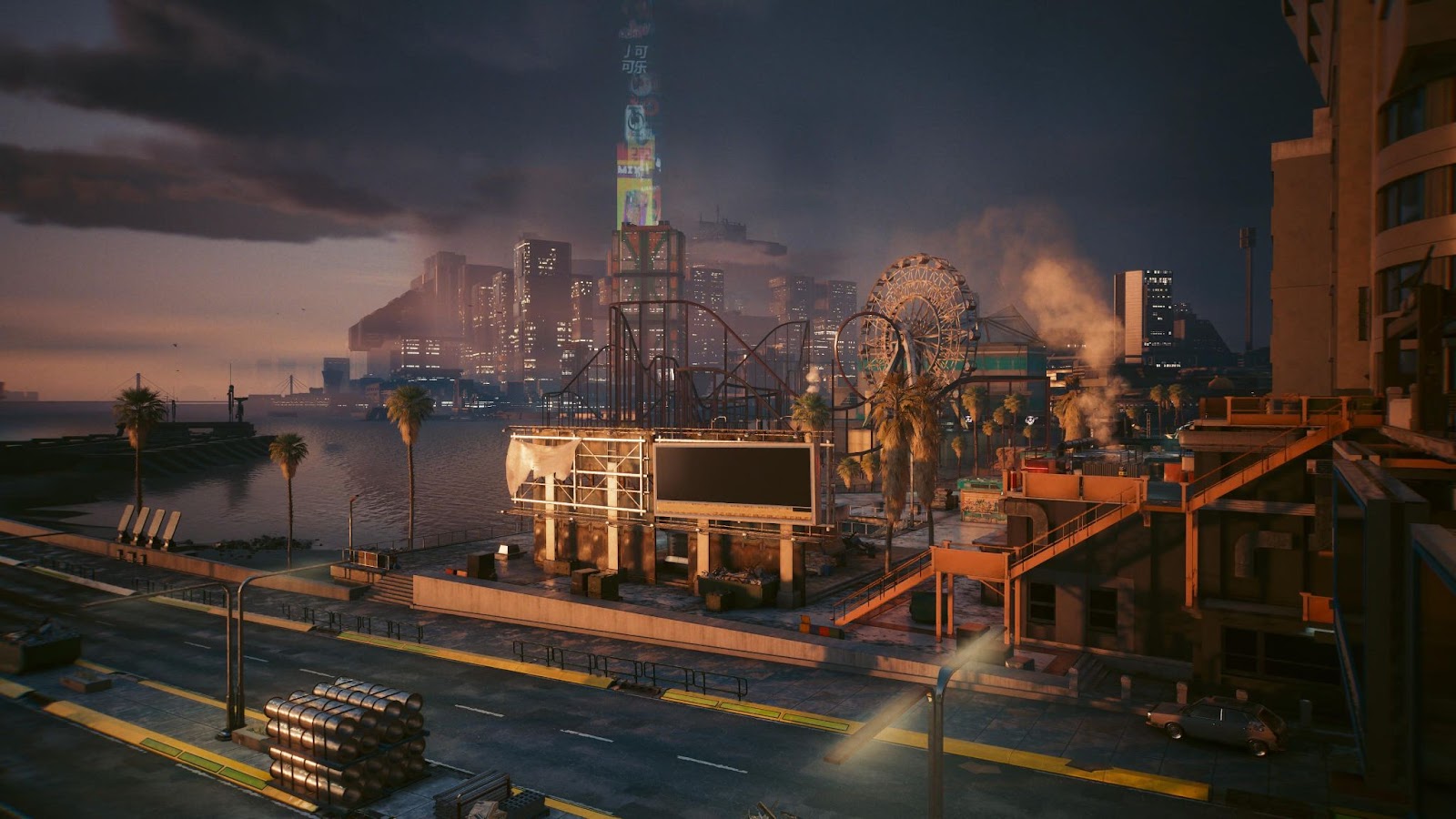 An in-game screenshot of the Pacifica district from the game Cyberpunk 2077